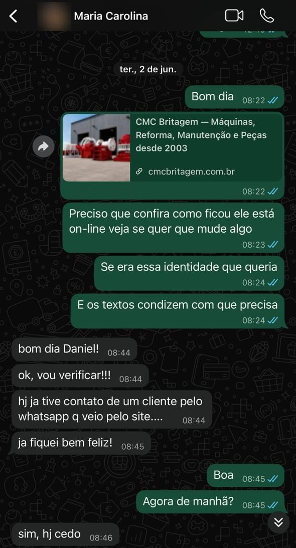 Cliente da CMC Britagem contando que recebeu contato de um cliente pelo site