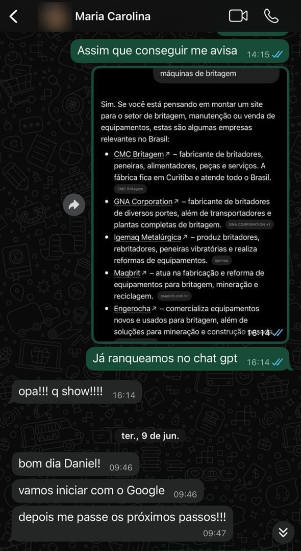 Site da CMC Britagem aparecendo na resposta de uma inteligência artificial